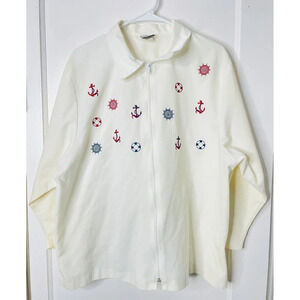 BonWorth Full Zip Top XLP Nautical Ivory Embroidered 3/4 Sleeve Beach Sailor